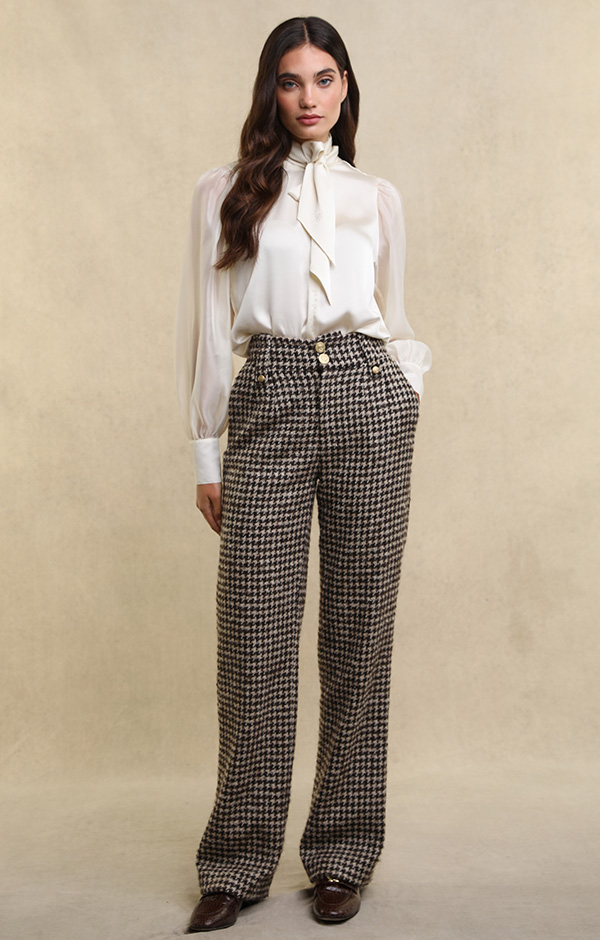 High Waisted Straight Trouser (Coffee Houndstooth)