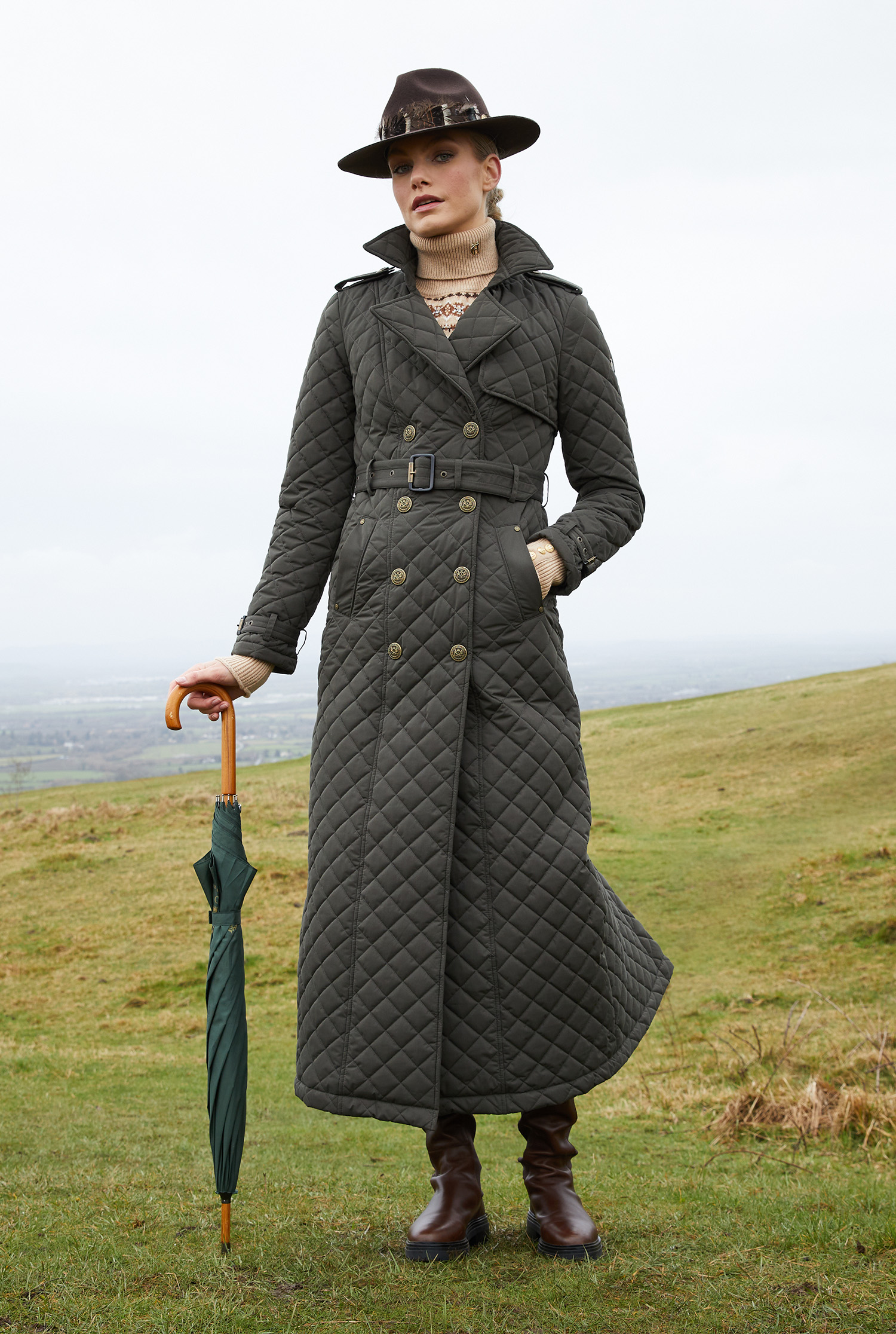 Full Length Enstone Quilted Trench Coat (Dark Olive)