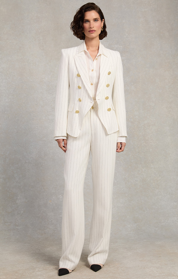 High Waisted Straight Trouser (Oyster Linen Pinstripe)