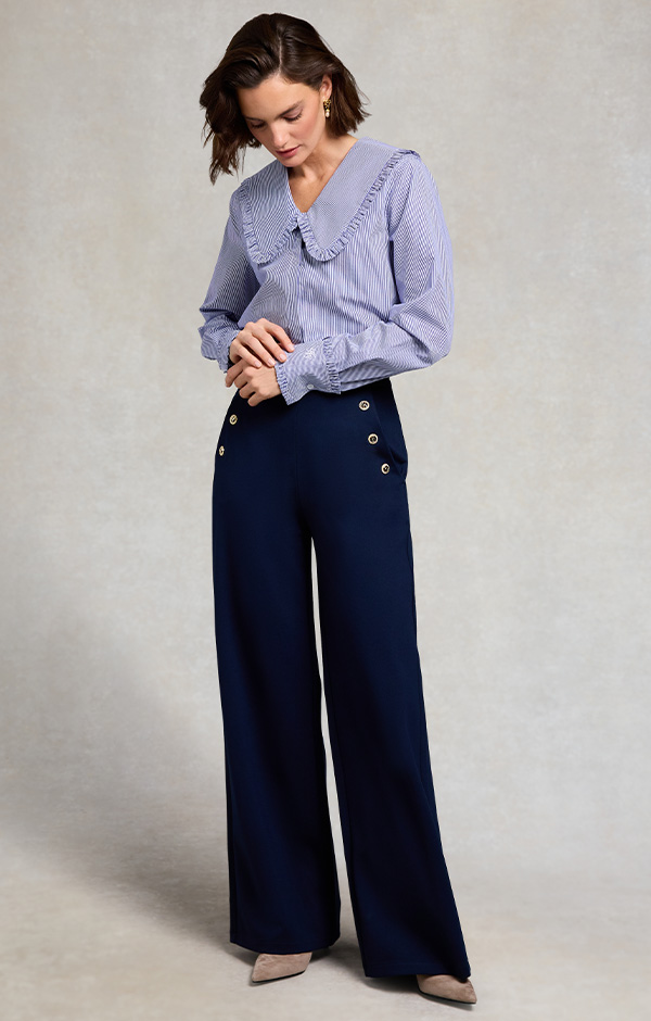 Clementine Ruffle Collar Shirt (Yacht Blue Stripe)