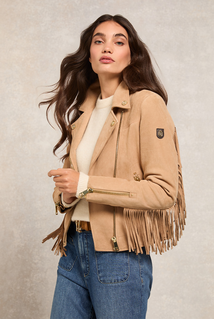 Fringed Suede Biker Jacket (Camel)