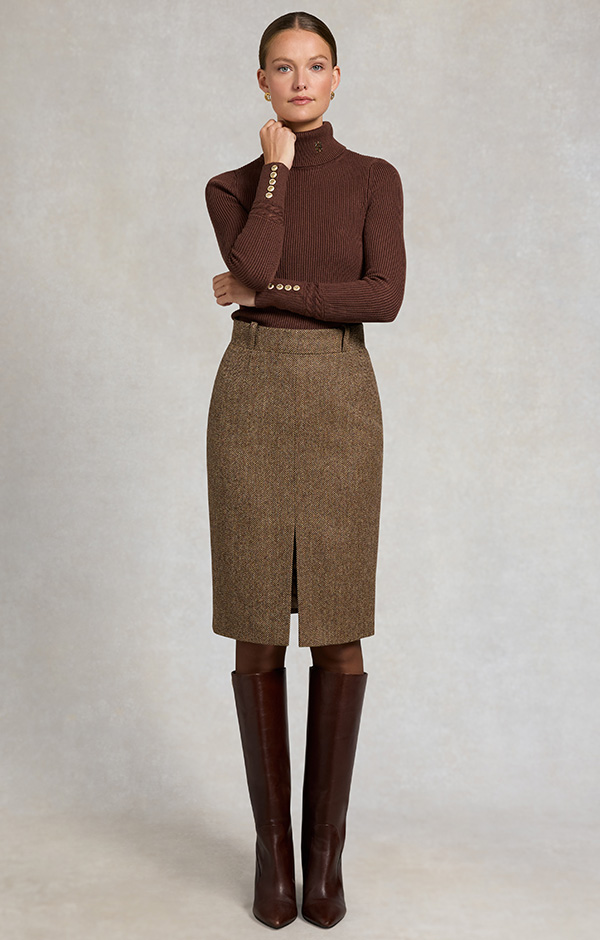 Mayfair Pencil Skirt (Large Scale Brown Herringbone)