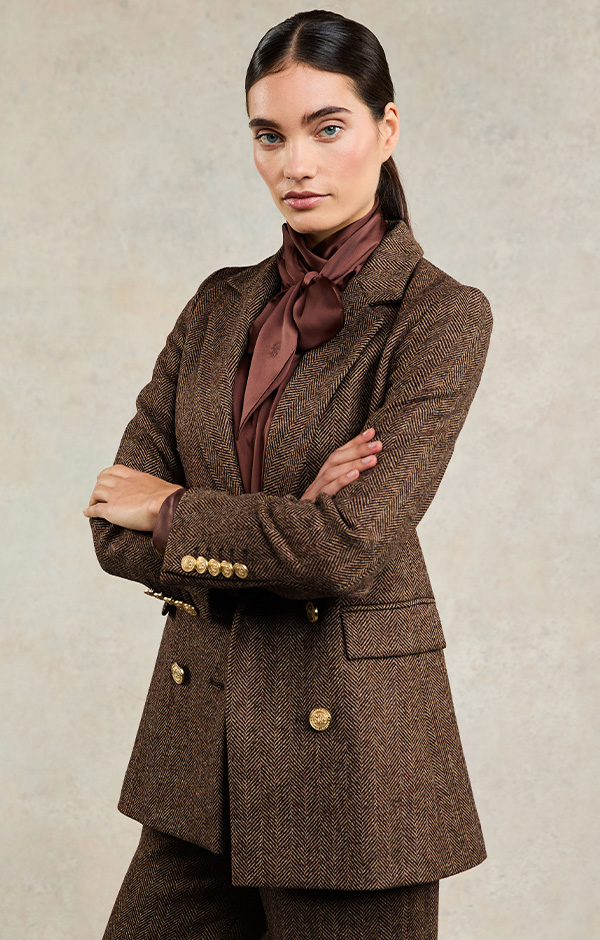 Double Breasted Blazer (Large Scale Brown Herringbone)