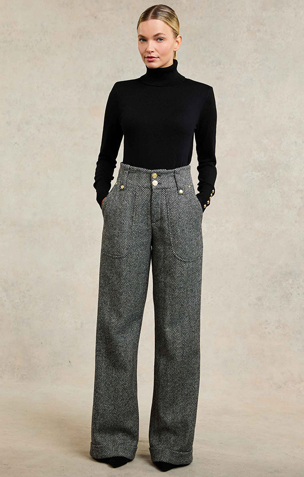 High Waisted Wide Leg Trouser (Wide Tooth Black Herringbone)