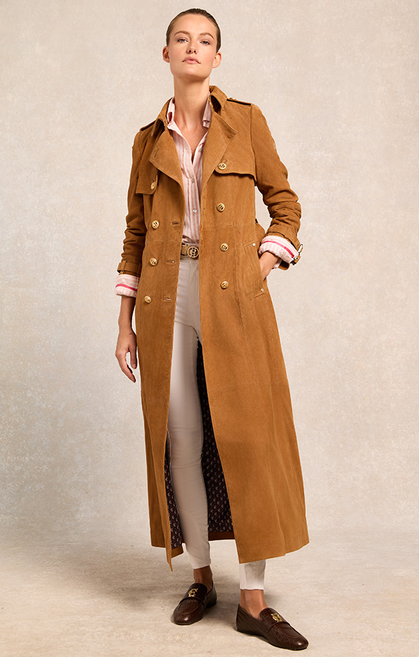 Full Length Sloane Suede Trench Coat (Tan)