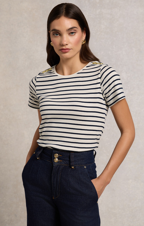 Padstow Crew Neck Tee (Natural Ink Navy Stripe)