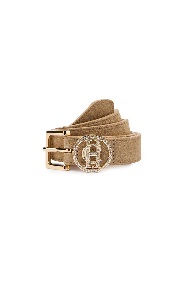 Crystal Slim Logo Belt (Taupe Suede)