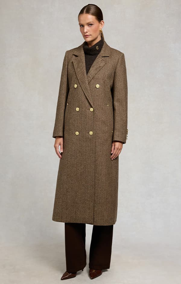 Double Breasted Coat (Large Scale Brown Herringbone) 