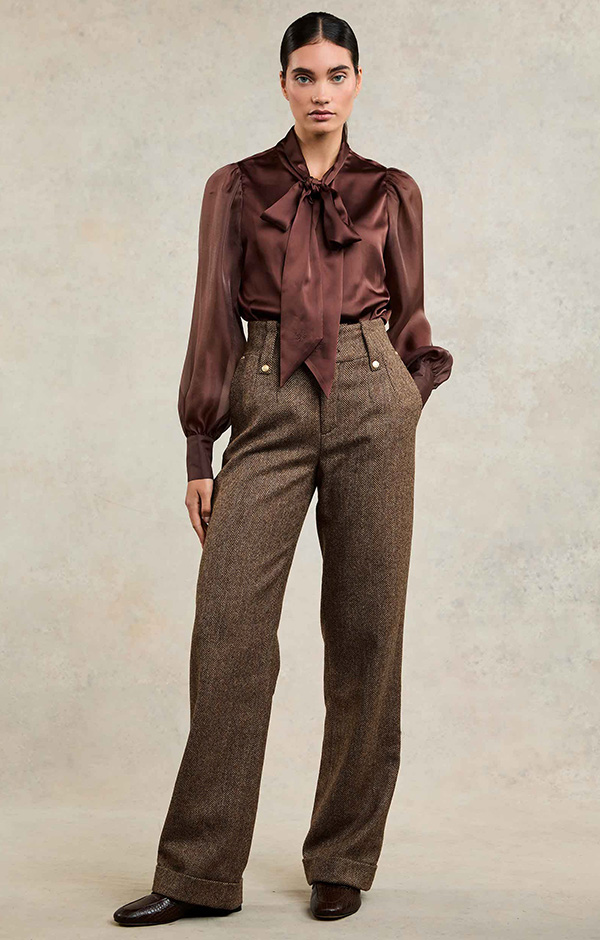 High Waisted Wide Leg Trouser (Large Scale Brown Herringbone)