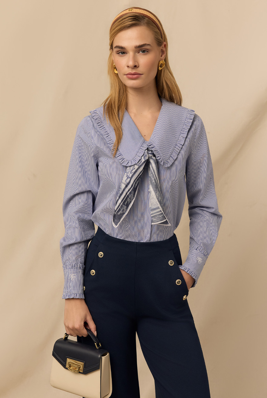 Clementine Ruffle Collar Shirt (Yacht Blue Stripe)