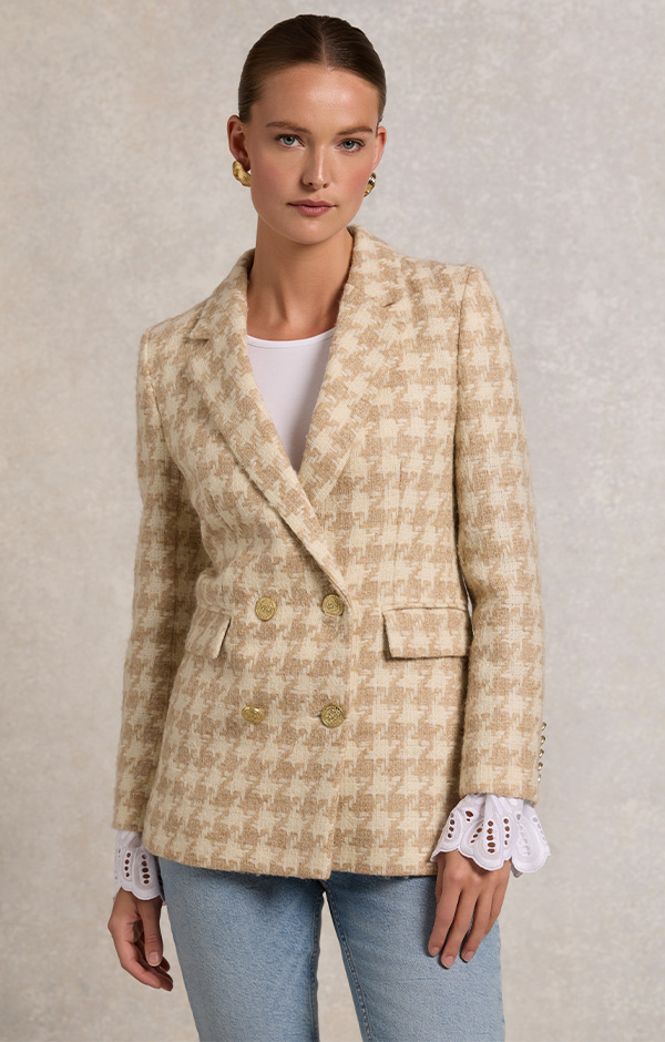 Double Breasted Blazer (Camel Houndstooth)