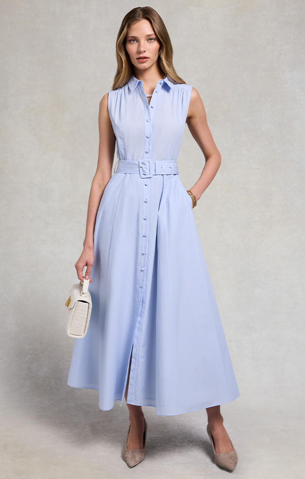 Aimee Sleeveless Shirt Dress (Light Blue Chambray)