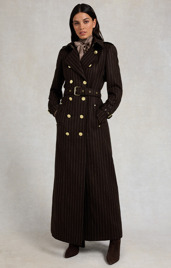 Full Length Marlborough Trench Coat (Chocolate Pinstripe)