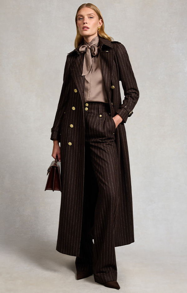 Full Length Marlborough Trench Coat (Chocolate Pinstripe)