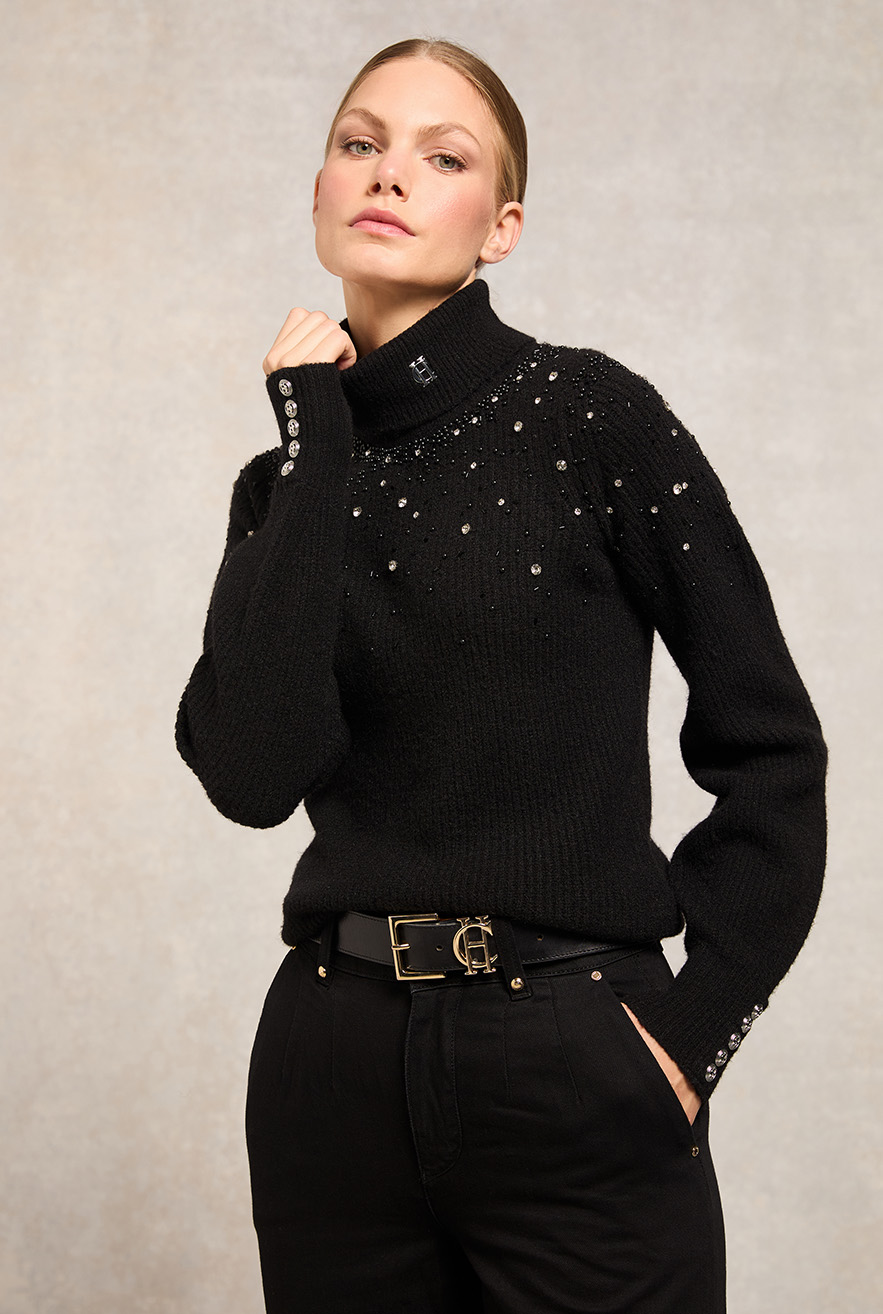 Kelsie Rib Embellished Roll Neck (Black)