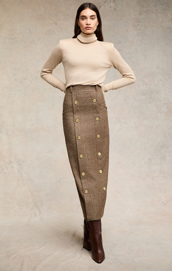 Knightsbridge Maxi Skirt (Large Scale Brown Herringbone)