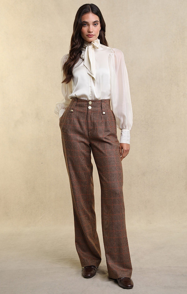 High Waisted Straight Trouser (Clarence Check Merlot)