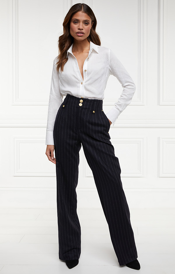 High Waisted Straight Trouser (Navy Chalk Pinstripe)