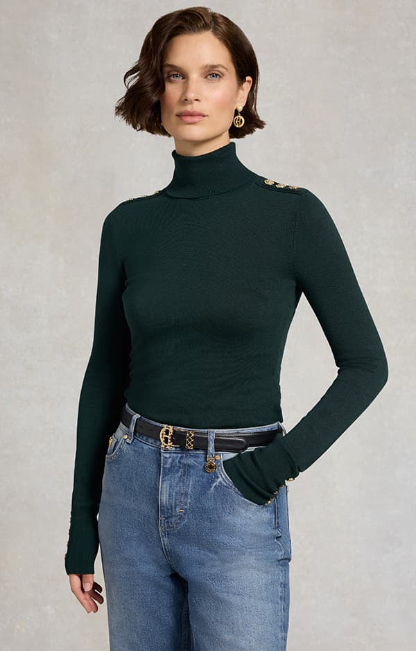 Buttoned Knit Roll Neck (Deep Emerald)