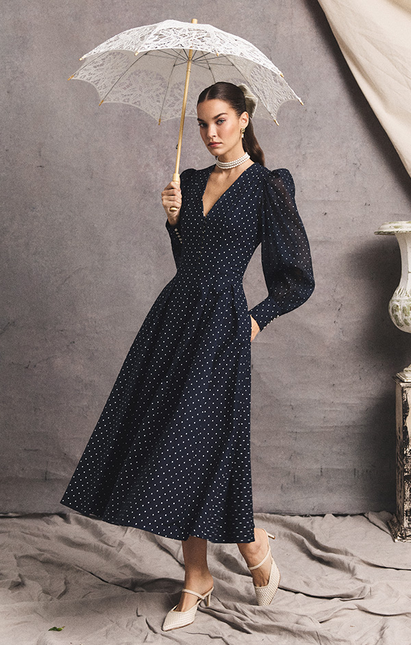 Lucie Dress Deep (Navy Polka Dot)