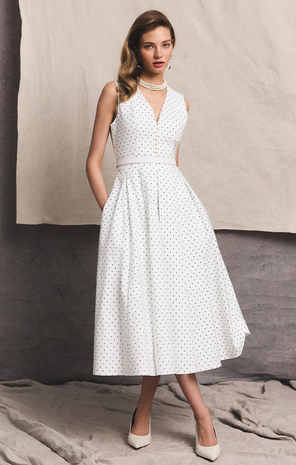 Lucie Sleeveless Dress (White Polka Dot)