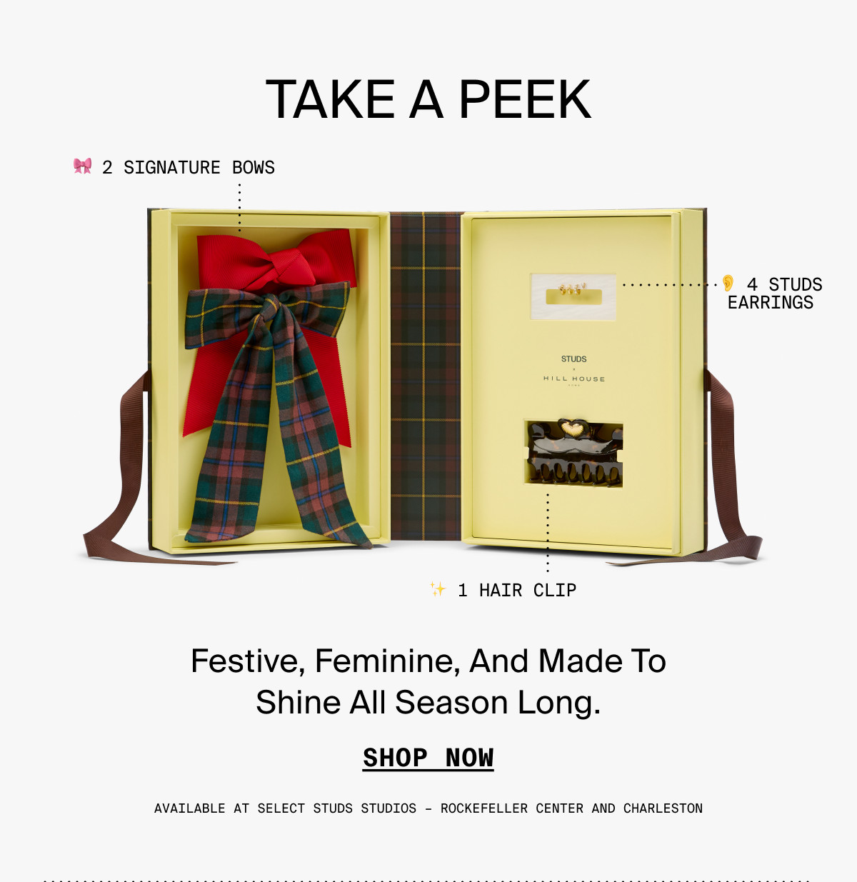 TAKE A PEEK: 2 SIGNATURE BOWS, 4 STUDS EARRINGS, 1 HAIR CLIP