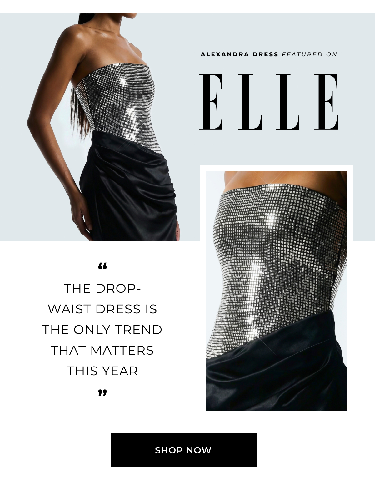 an image of a woman in a silver dress with a black skirt