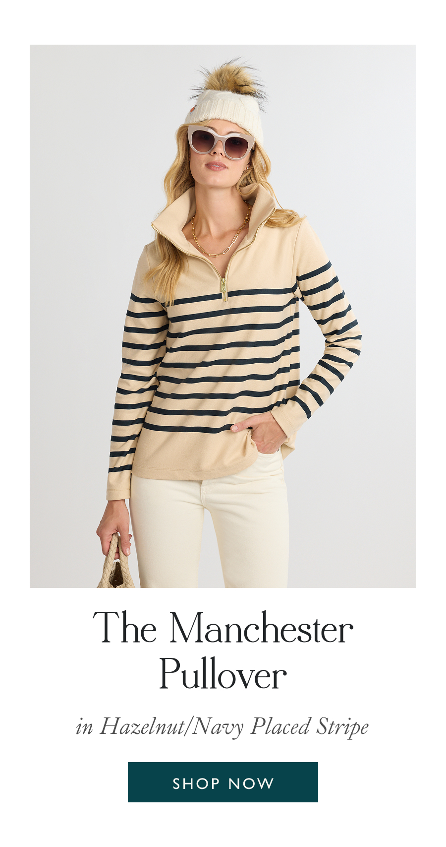 The Manchester Pullover in Hazelnut/Navy Placed Stripe   Shop Now