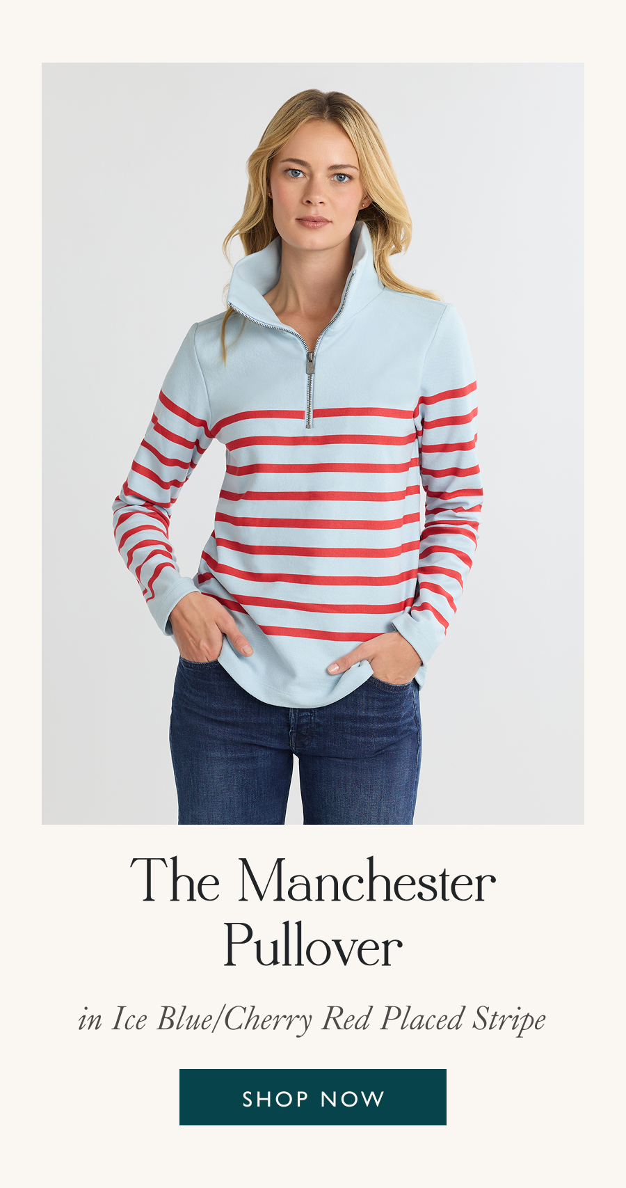 The Manchester Pullover in Ice Blue/Cherry Red Placed Stripe   Shop Now