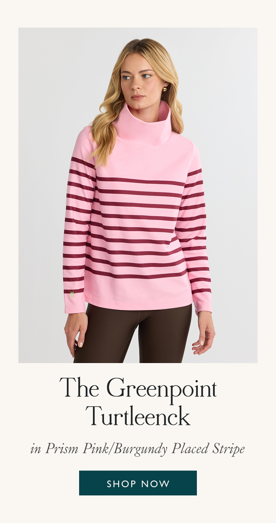 The Greenpoint Turtleneck in Prism Pink/Burgundy Placed Stripe   Shop Now