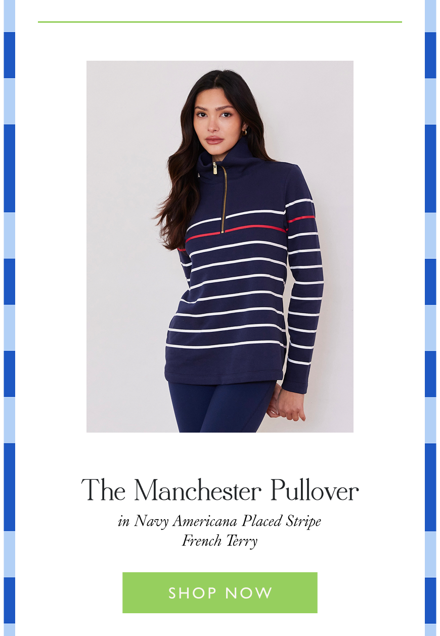 The Manchester Pullover  in Navy Americana Placed Stripe  French Terry