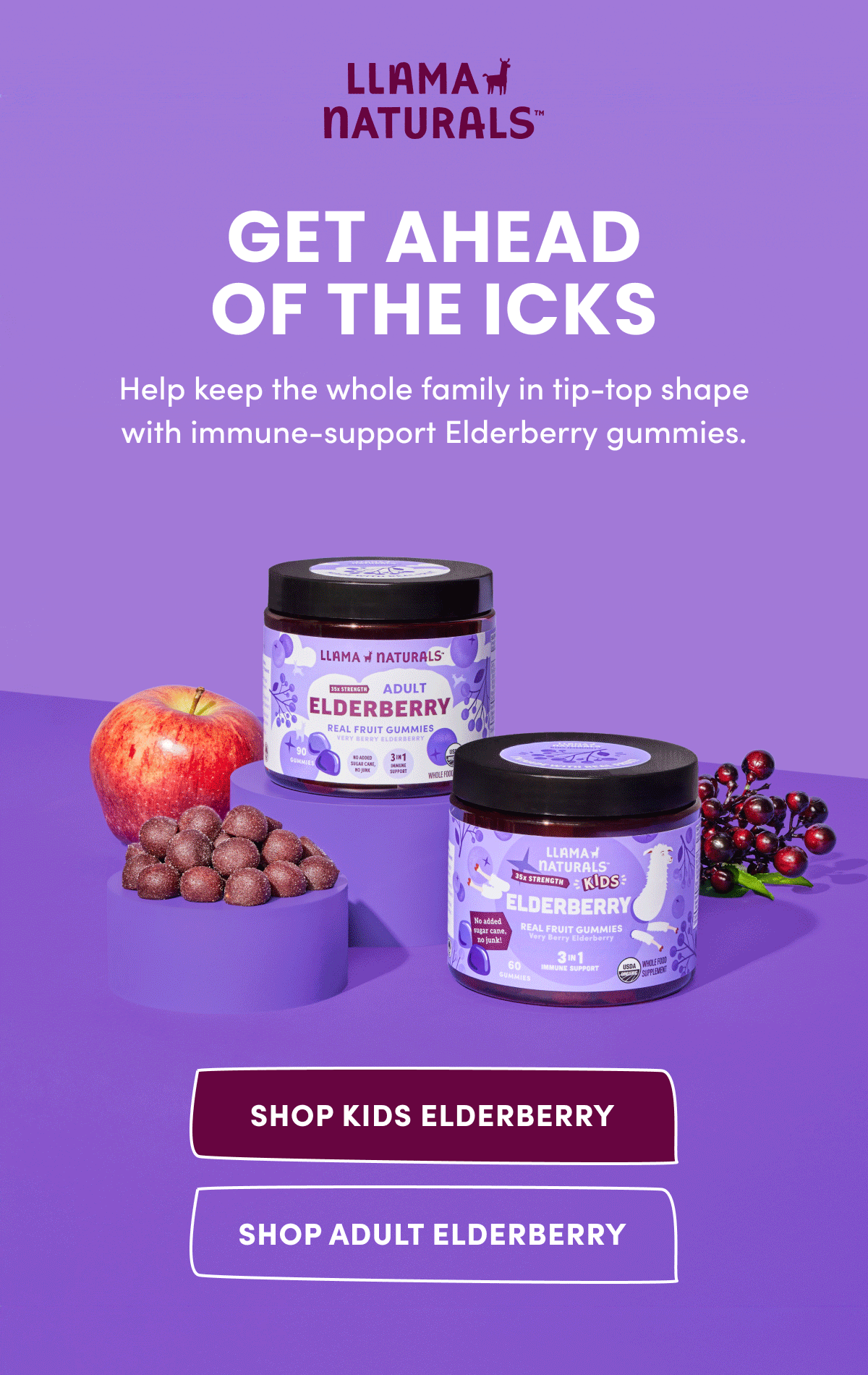 Llama Naturals | GET AHEAD OF THE ICKS | Help keep the whole family in tip-top shape with immune-support Elderberry gummies. | [ SHOP KIDS ELDERBERRY ] | [ SHOP ADULT ELDERBERRY ]