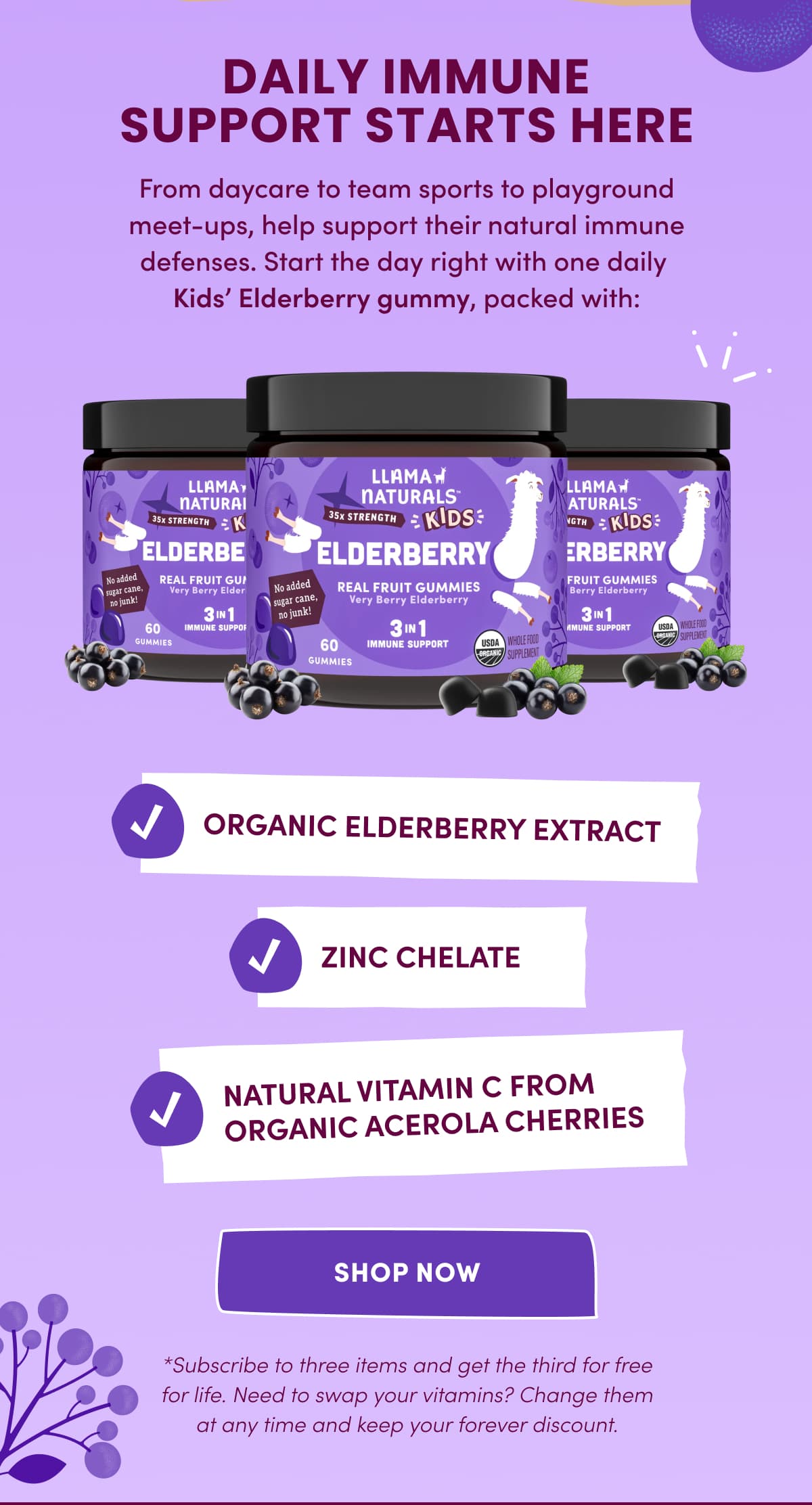 DAILY IMMUNE SUPPORT STARTS HERE | SHOP NOW | *Subscribe to three items and get the third for free for life. Need to swap your vitamins? Change them at any time and keep your forever discount.