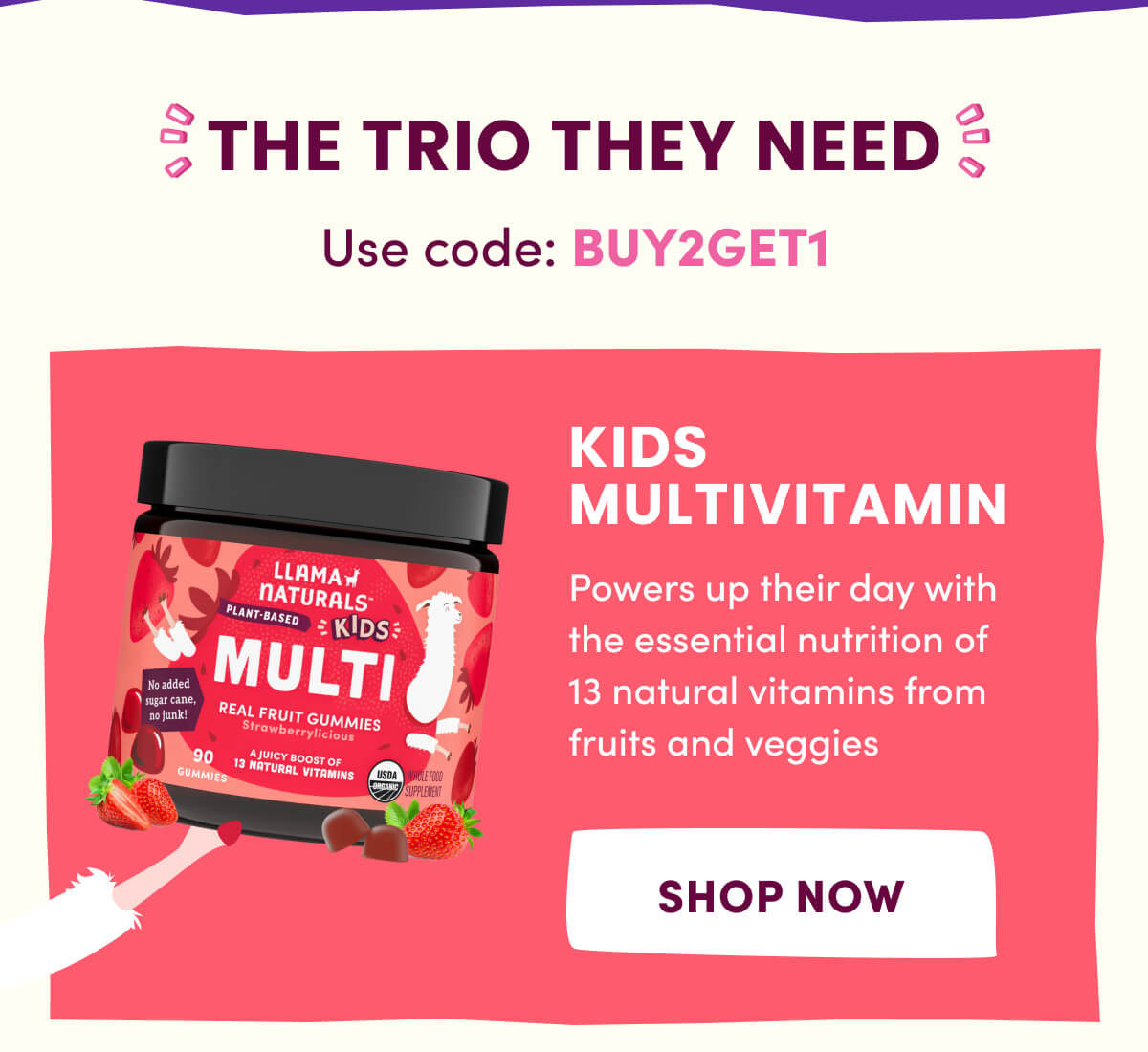 THE TRIO THEY NEED | Use code: BUY2GET1 | KIDS MULTIVITAMIN | Powers up their day with the essential nutrition of 13 natural vitamins from fruits and veggies | [ SHOP NOW ]
