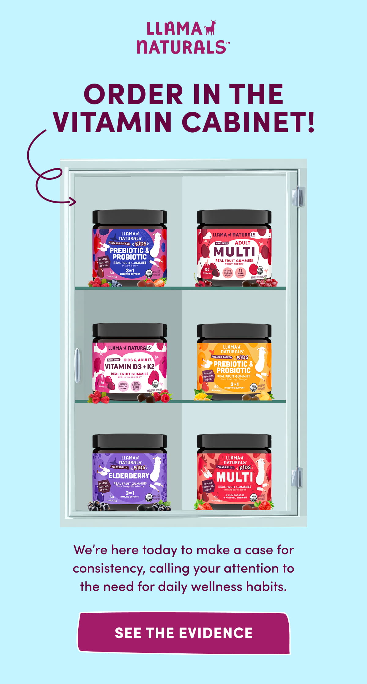 Llama Naturals | ORDER IN THE VITAMIN CABINET! | We're here today to make a case for consistency, calling your attention to the need for daily wellness habits. | [ SEE THE EVIDENCE ]