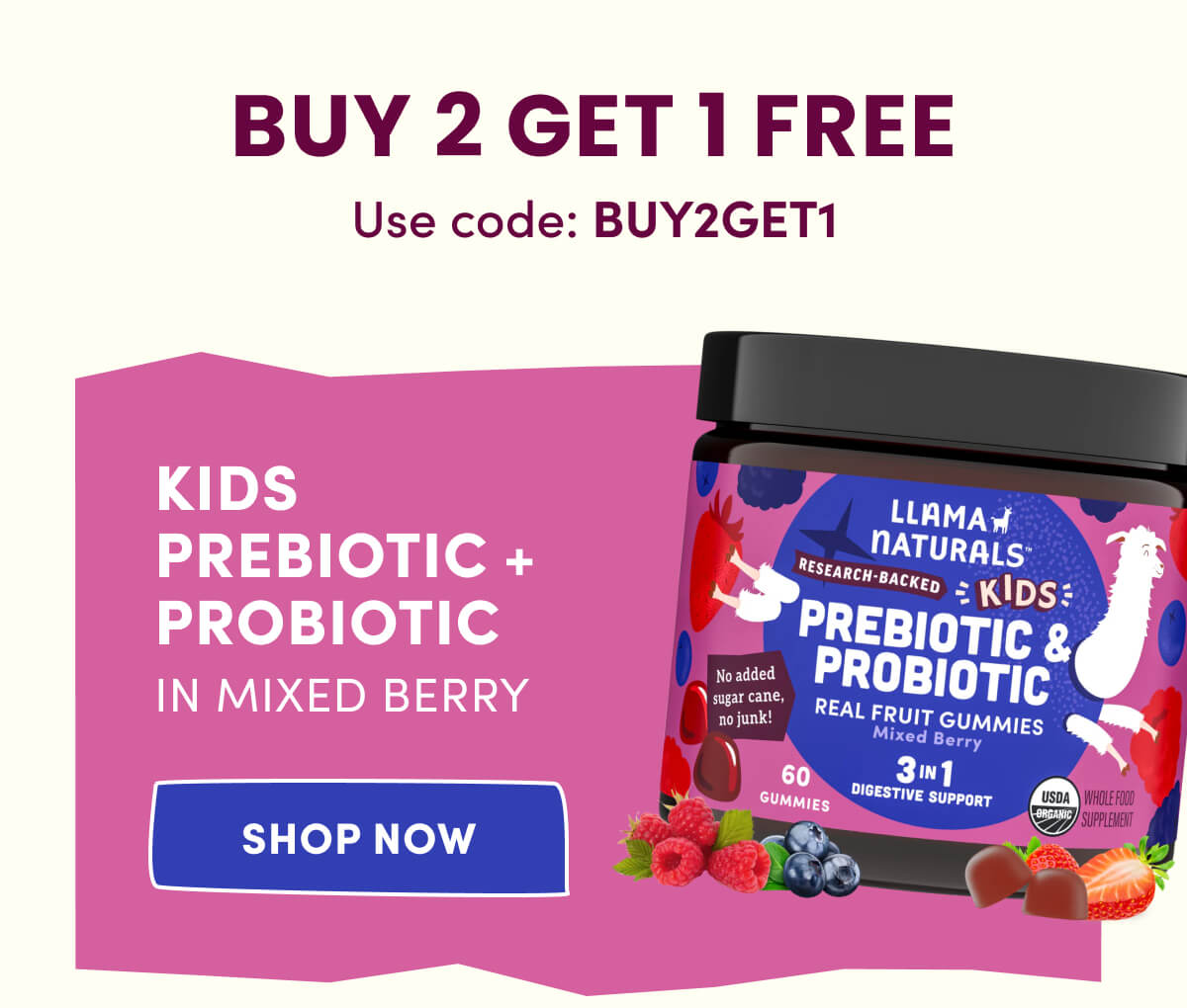 Buy 2 Get 1 Free | Use code: Buy2Get1 | Kids Prebiotic + Probiotic in Mixed Berry | [ Shop Now ]