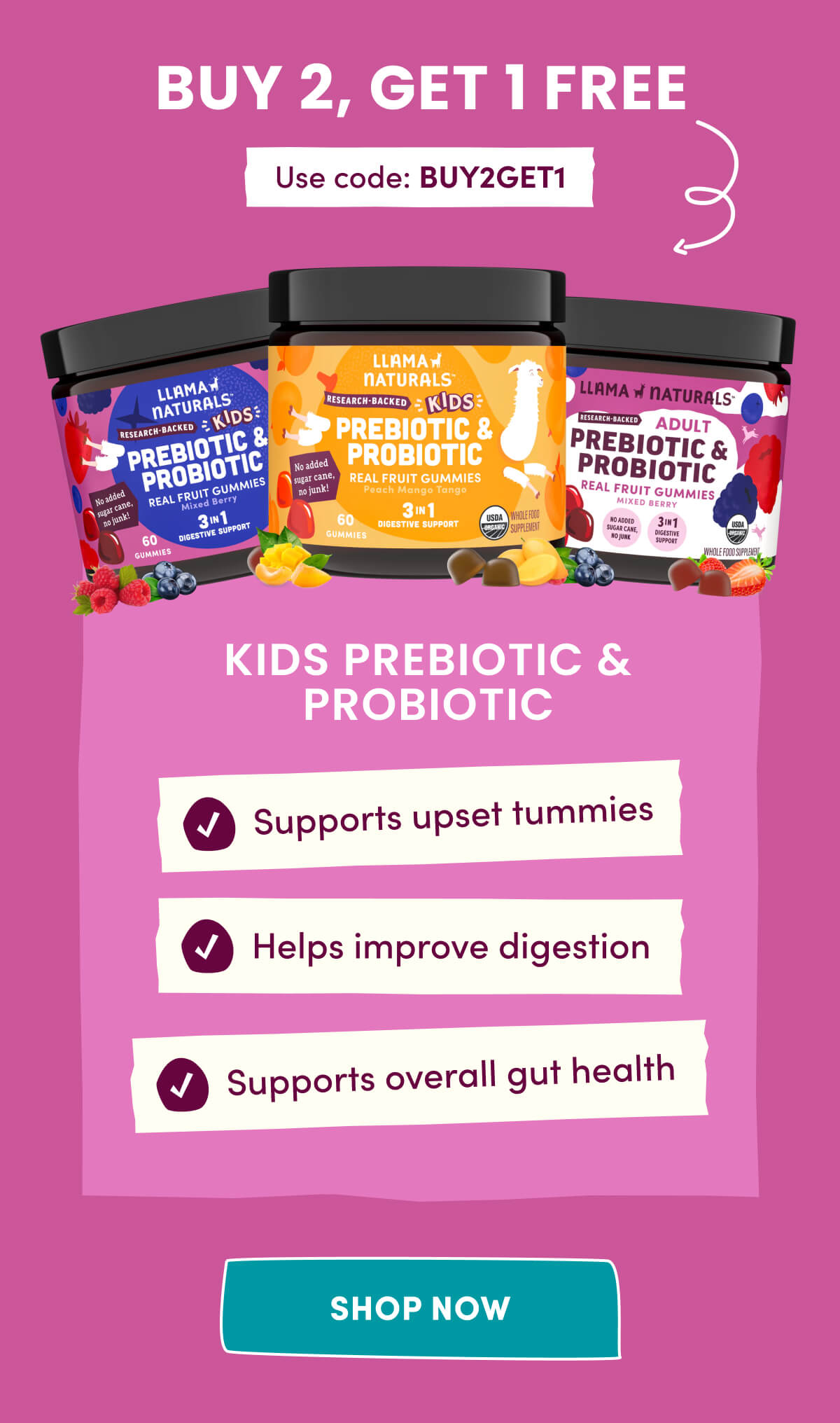 BUY 2, GET 1 FREE | Use code: BUY2GET1 | KIDS PREBIOTIC & PROBIOTIC | Supports upset tummies | Helps improve digestion | Supports overall gut health | [ SHOP NOW ]