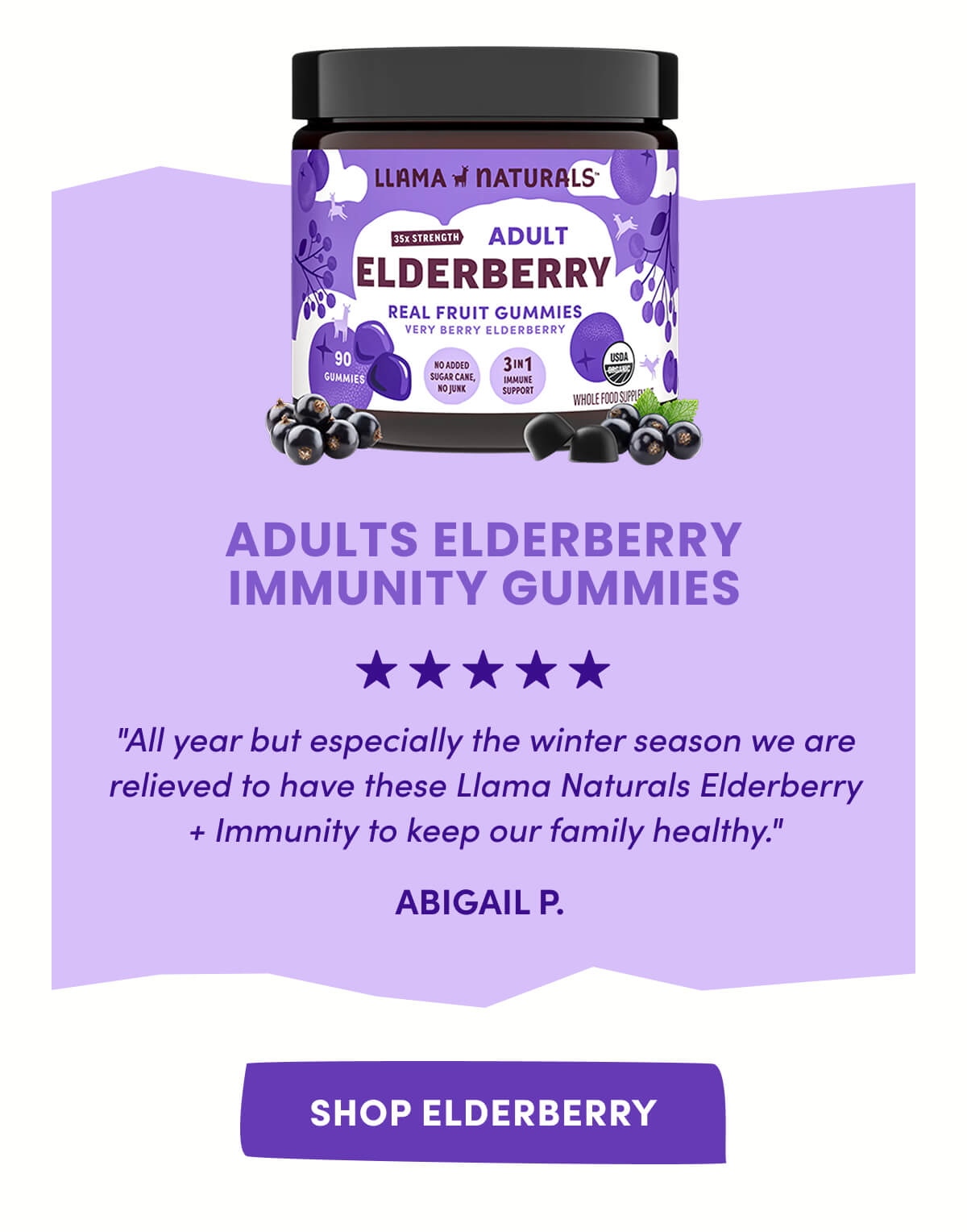 Adults Elderberry Immunity Gummies | "All year but especially the winter season we are relieved to have these Llama Naturals Elderberry + Immunity to keep our family healthy." - Abigail P. | [ Shop Elderberry ]