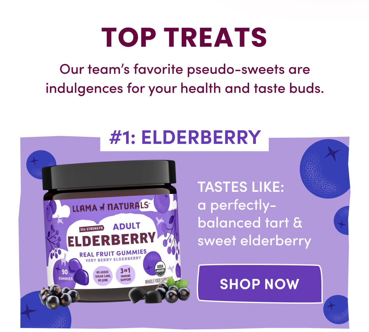 TOP TREATS | Our team's favorite pseudo-sweets are indulgences for your health and taste buds. | #1: ELDERBERRY | Tastes like: a perfectly-balanced tart & sweet elderberry | [ SHOP NOW ]