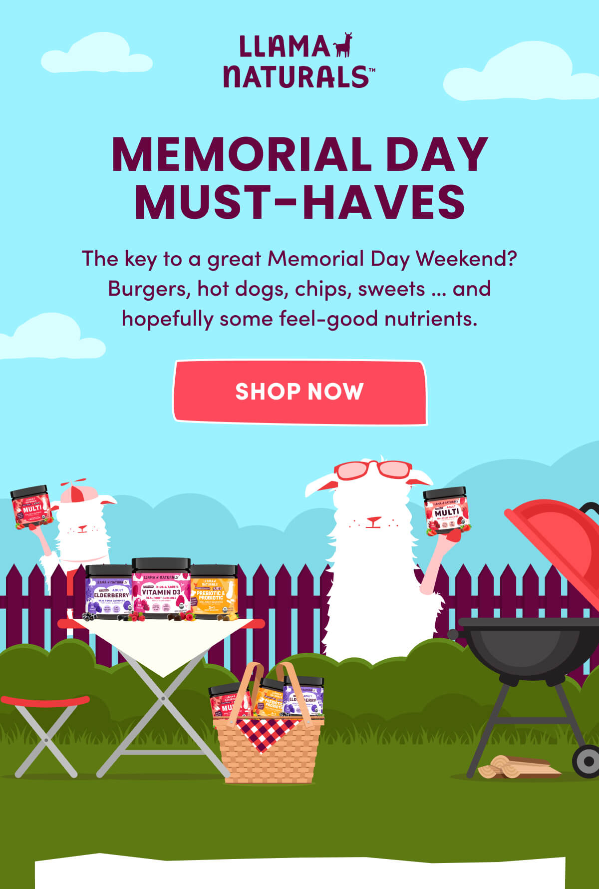 Llama Naturals | MEMORIAL DAY MUST-HAVES | The key to a great Memorial Day Weekend? Burgers, hot dogs, chips, sweets … and hopefully some feel-good nutrients. | [ SHOP NOW ]