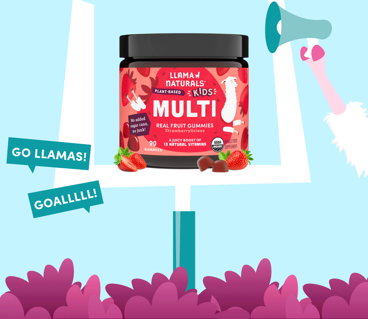 Llama Naturals | Score Big for Your Health | Our real-fruit gummies are packed with natural vitamins and zero junk, giving you the energy, immunity, and mood boost you need to tackle your day. | [ Shop Now ]