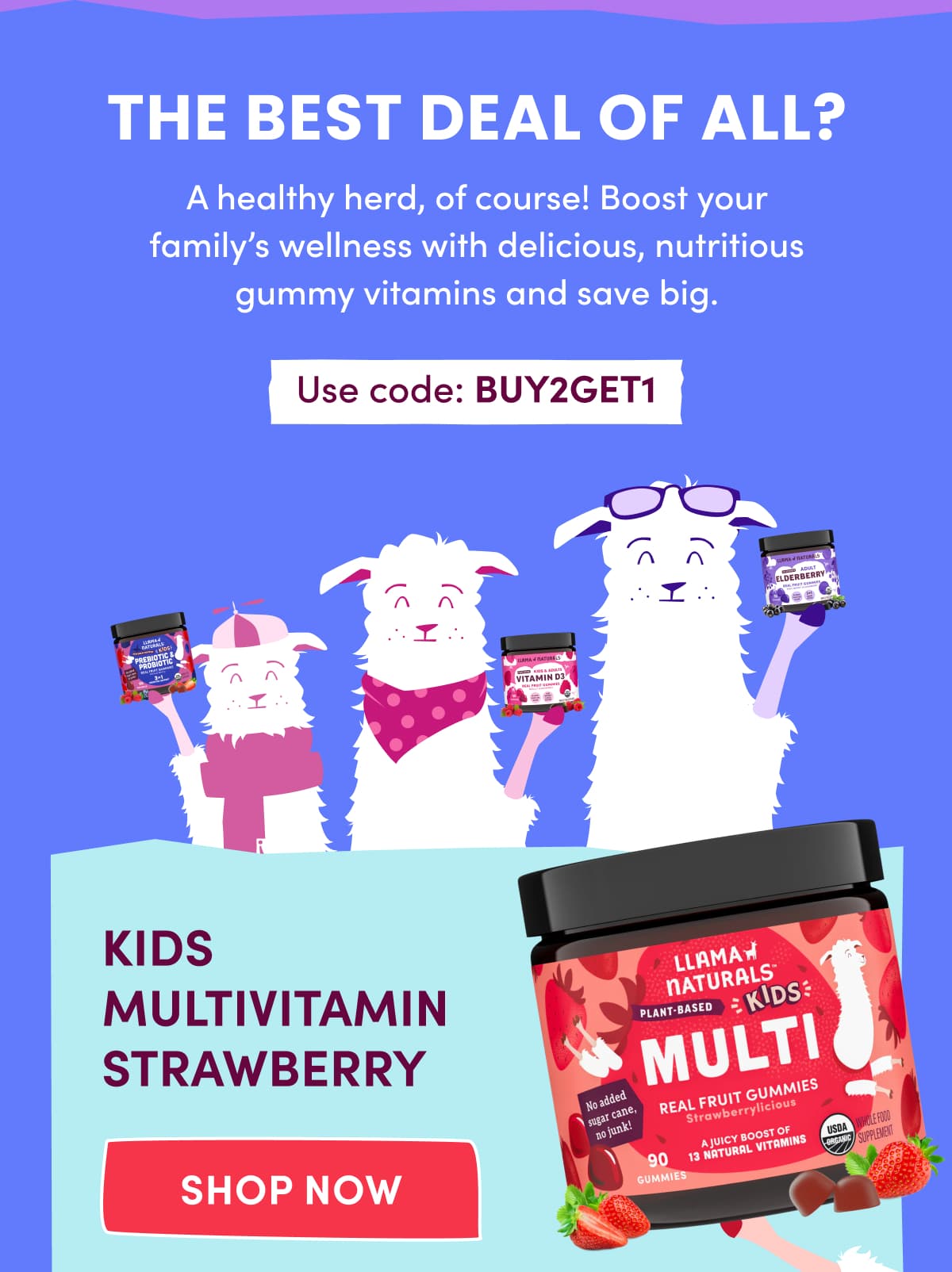 THE BEST DEAL OF ALL? | A healthy herd, of course! Boost your family's wellness with delicious, nutritious gummy vitamins and save big. | Use code: BUY2GET1