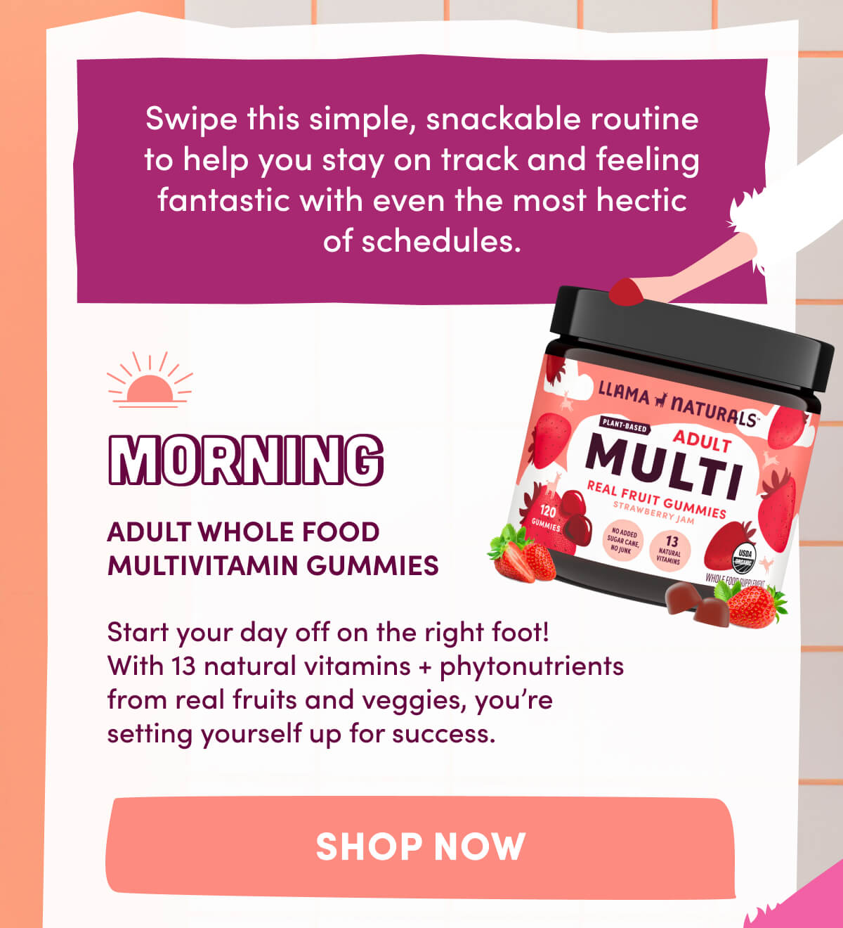 Swipe this simple, snackable routine to help you stay on track and feeling fantastic with even the most hectic of schedules. | MORNING | Adult Whole Food Multivitamin Gummies | Start your day off on the right foot! With 13 natural vitamins + phytonutrients from real fruits and veggies, you're setting yourself up for success. | [ SHOP NOW ]