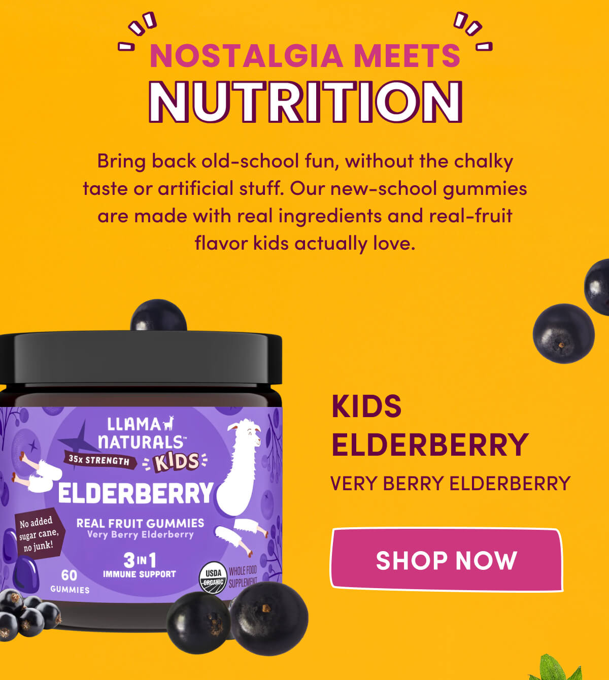 NOSTALGIA MEETS NUTRITION | Bring back old-school fun, without the chalky taste or artificial stuff. Our new-school gummies are made with real ingredients and real-fruit flavor kids actually love. | KIDS ELDERBERRY | Very Berry Elderberry | [ SHOP NOW ]