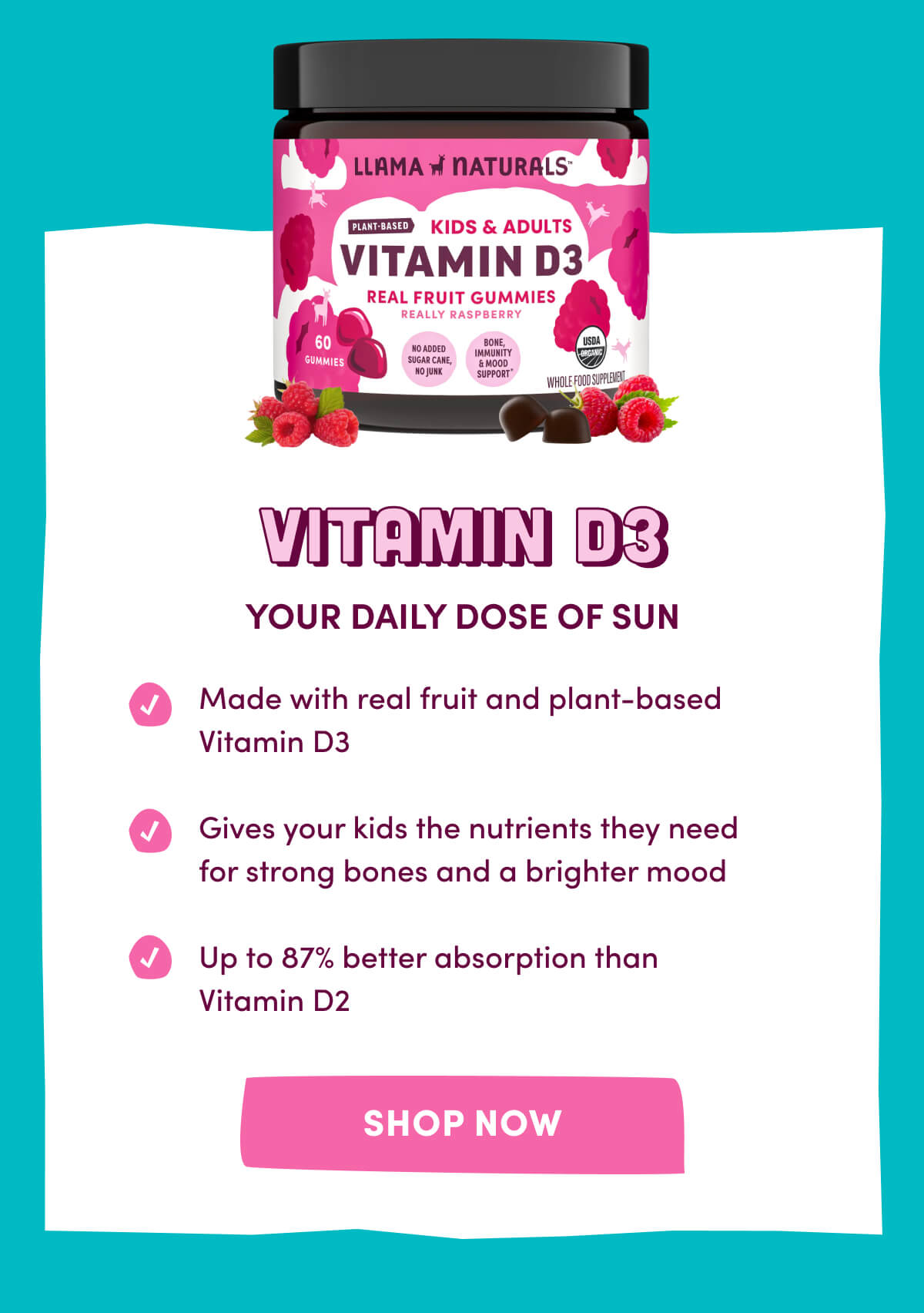 Vitamin D3 | Your Daily Dose of Sun | Made with real fruit and plant-based Vitamin D3 | Gives your kids the nutrients they need for strong bones and a brighter mood | Up to 87% better absorption than Vitamin D2 | [ Shop Now ]