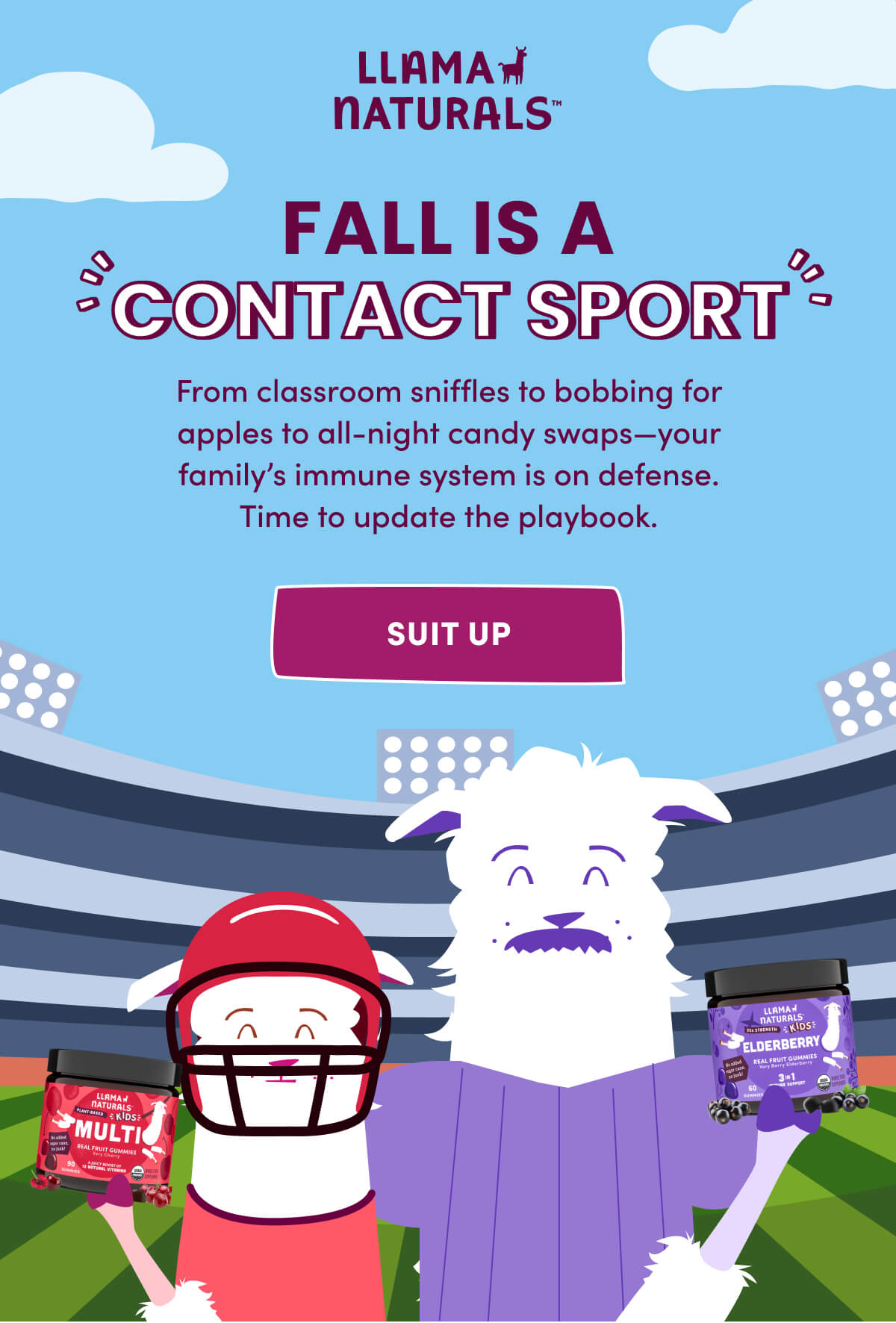 Llama Naturals | FALL IS A CONTACT SPORT | From classroom sniffles to bobbing for apples to all-night candy swaps—your family's immune system is on defense. Time to update the playbook. | [ SUIT UP ]