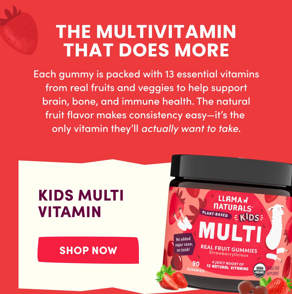 THE MULTIVITAMIN THAT DOES MORE | Each gummy is packed with 13 essential vitamins from real fruits and veggies to help support brain, bone, and immune health. The natural fruit flavor makes consistency easy—it's the  only vitamin they'll actually want to take. | Kids multi vitamin | SHOP NOW