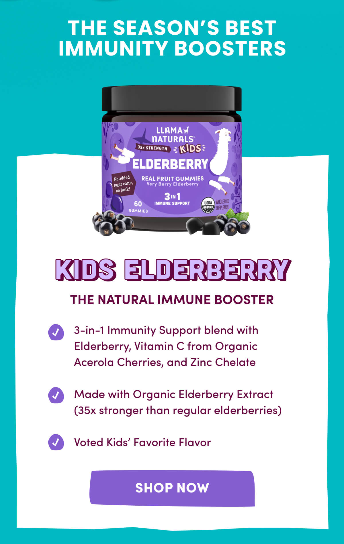 The Season's Best Immunity Boosters | Kids Elderberry | The Natural Immune Booster | 3-in-1 Immunity Support blend with Elderberry, Vitamin C from Organic Acerola Cherries, and Zinc Chelate | Made with Organic Elderberry Extract (35x stronger than regular elderberries) | Voted Kids' Favorite Flavor | [ Shop Now ] 