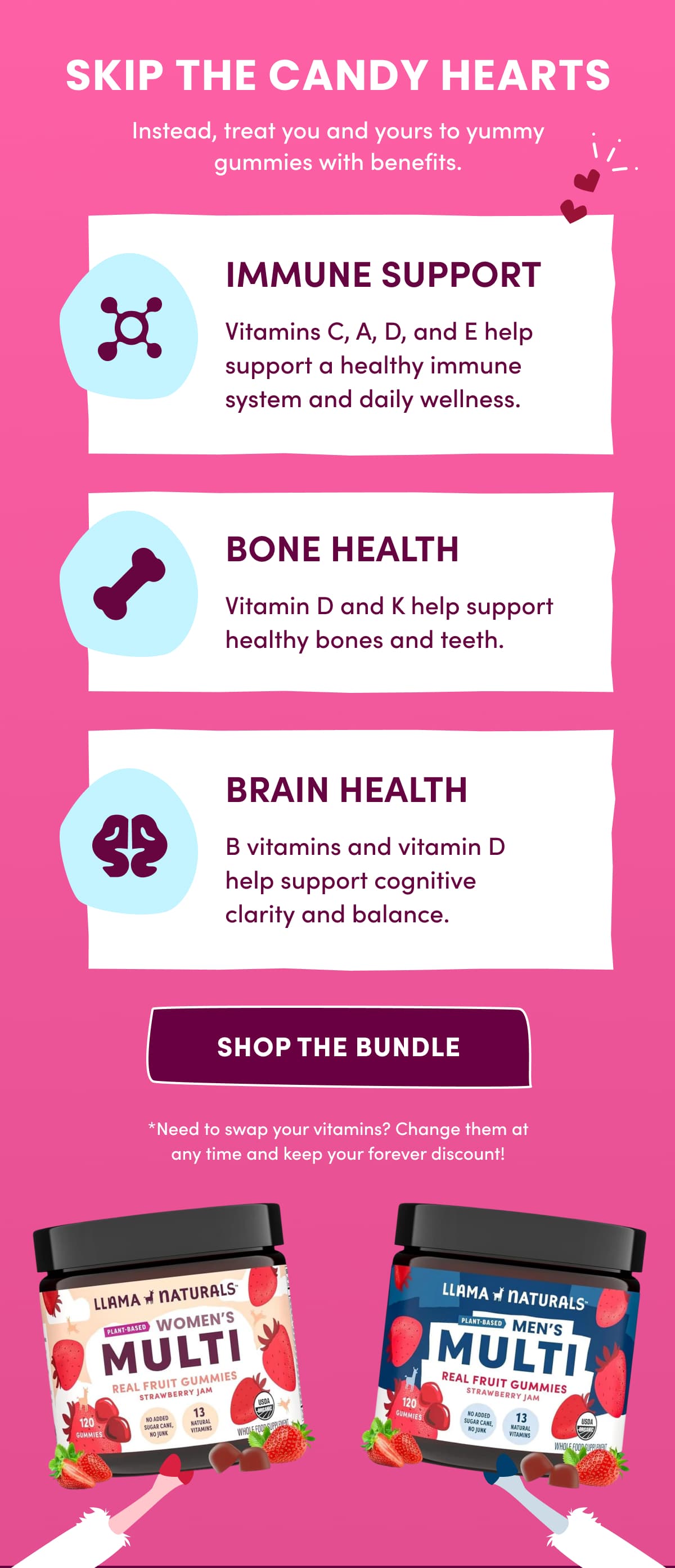 SKIP THE CANDY HEARTS | Instead, treat you and yours to yummy gummies with benefits. | SHOP THE BUNDLE | *Need to swap your vitamins? Change them at any time and keep your forever discount!