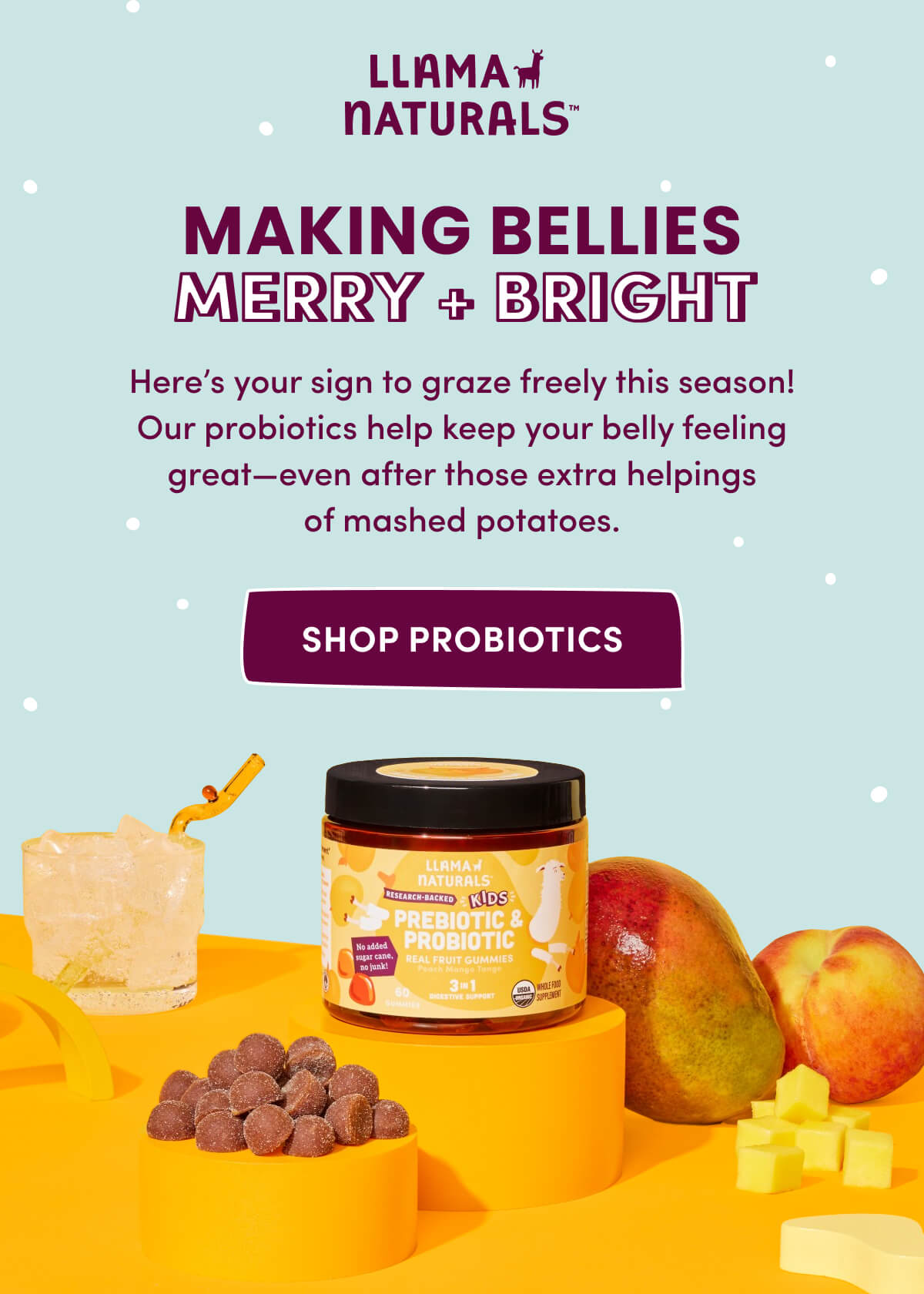 Llama Naturals | Making Bellies Merry + Bright | Here's your sign to graze freely this season! Our probiotics help keep your belly feeling great—even after those extra helpings of mashed potatoes. | [ Shop Probiotics ]